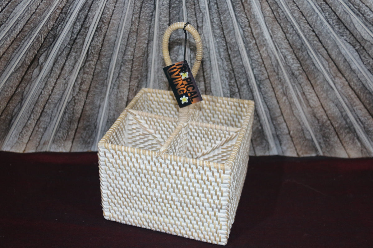 New Balinese Hand Woven Rattan 4 Compartment Caddy - Rattan Bali Basket