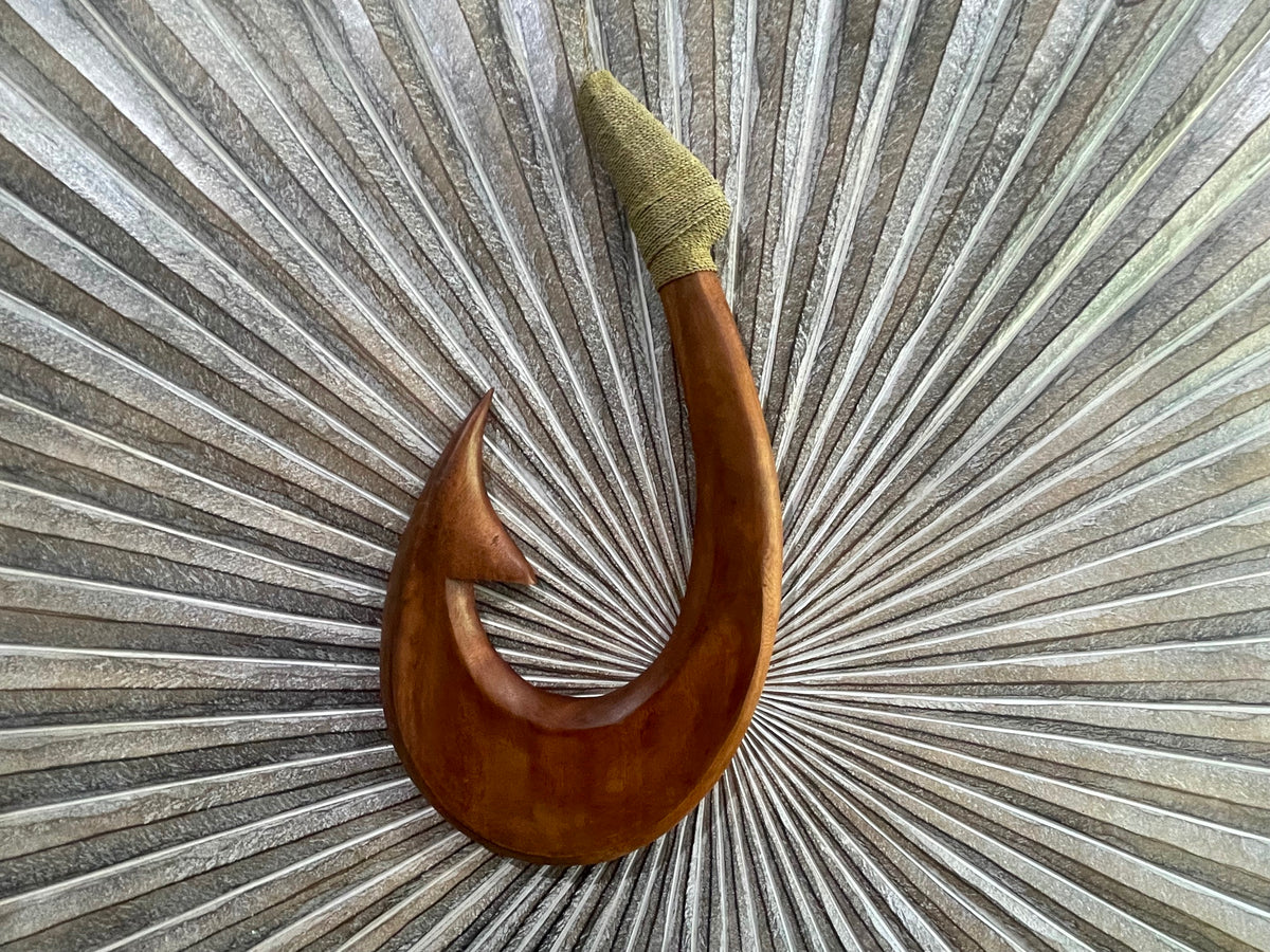 Hand Crafted Polynesian Fishing Hook Wall Art - NZ Maori Teak Wood Fishing Hook