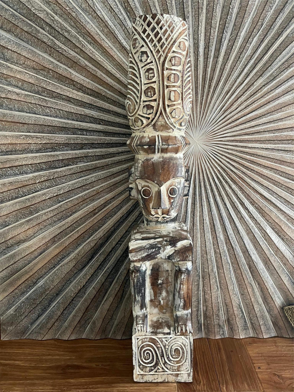 NEW Balinese Hand Carved Timber Primitive Thinker Statue / Sculpture - 70cm Tall