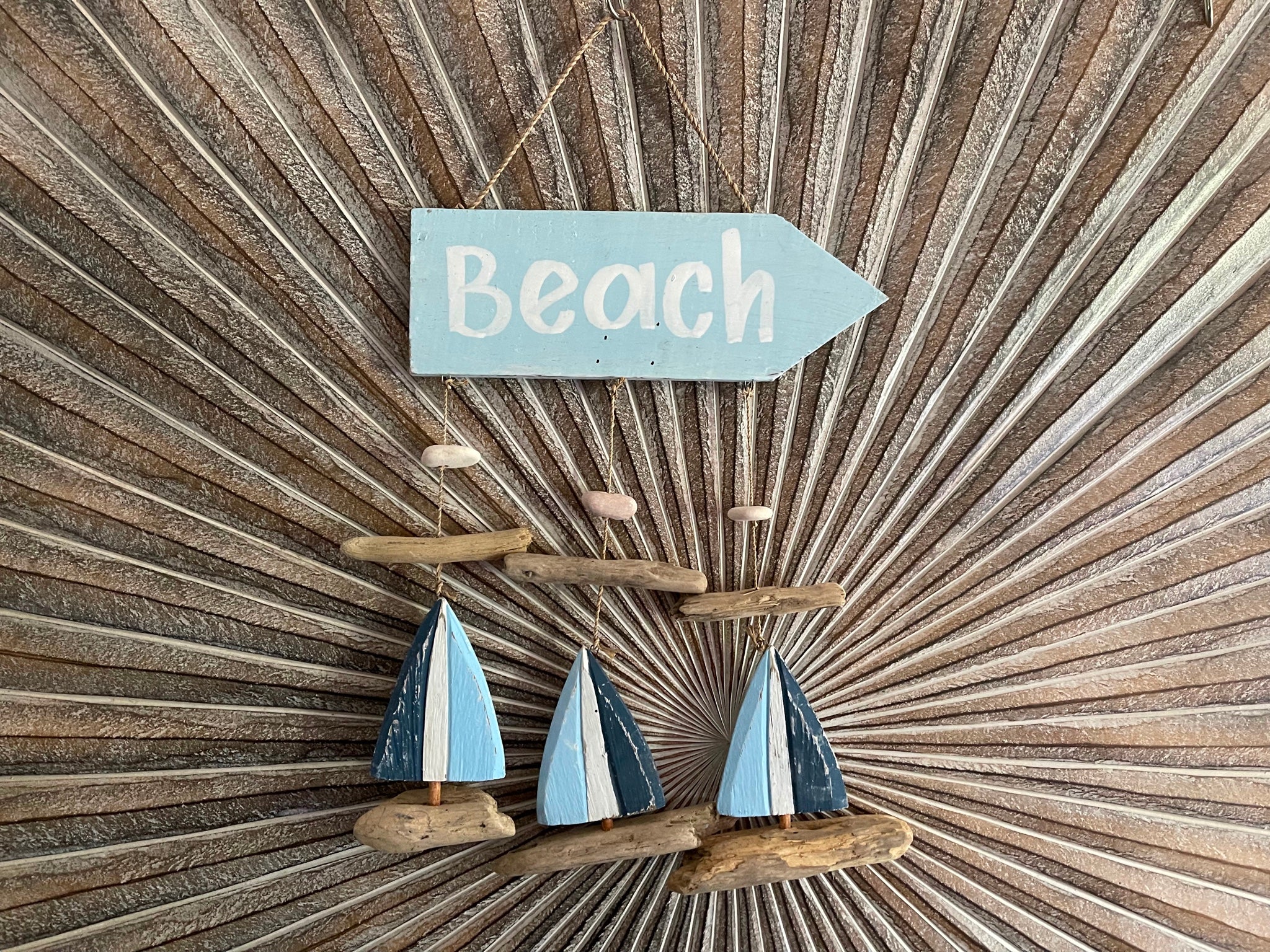 NEW Balinese Timber BEACH Sign w/Sailing Boats - Bali Sail Boat BEACH Sign