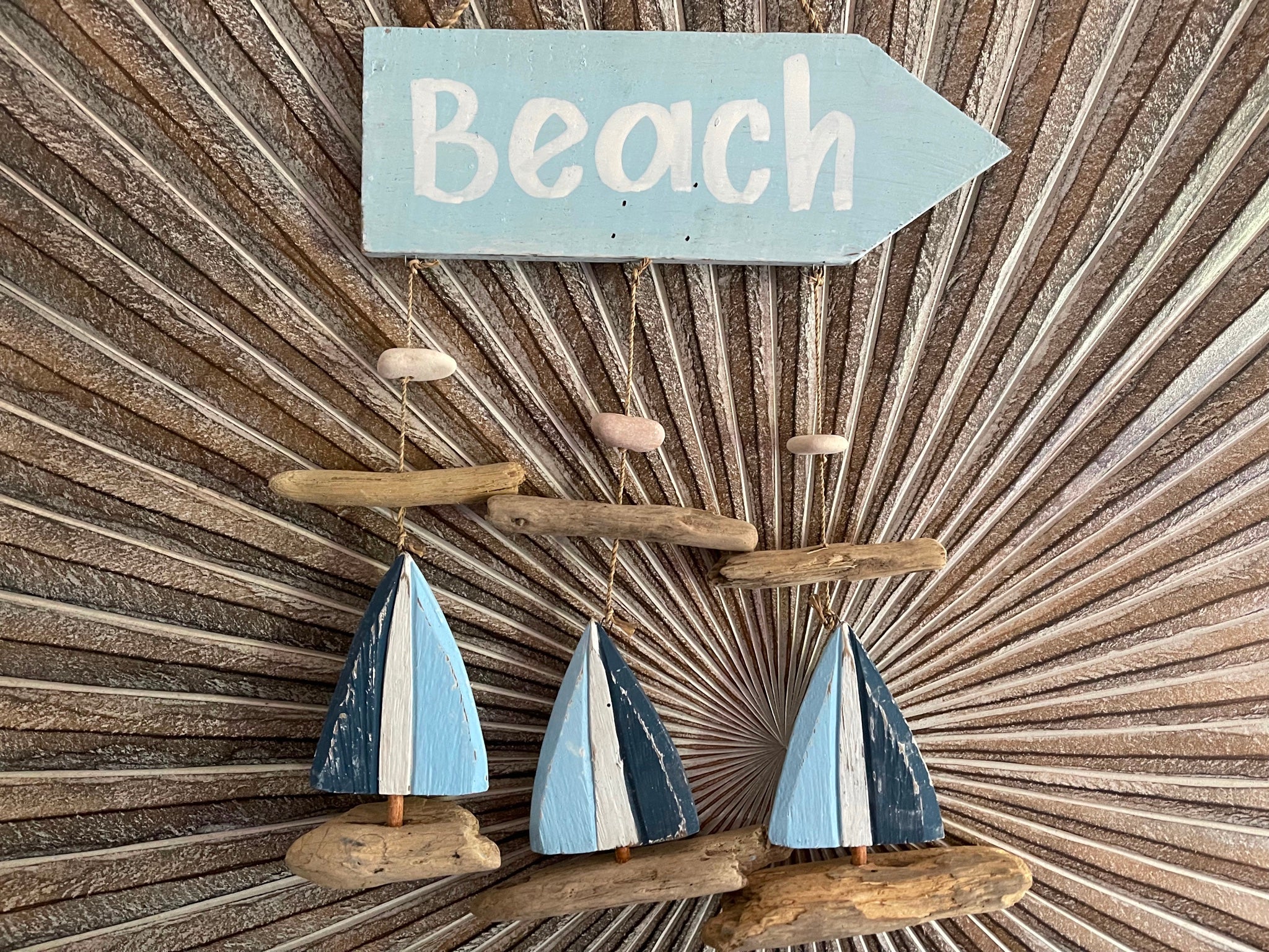 NEW Balinese Timber BEACH Sign w/Sailing Boats - Bali Sail Boat BEACH Sign