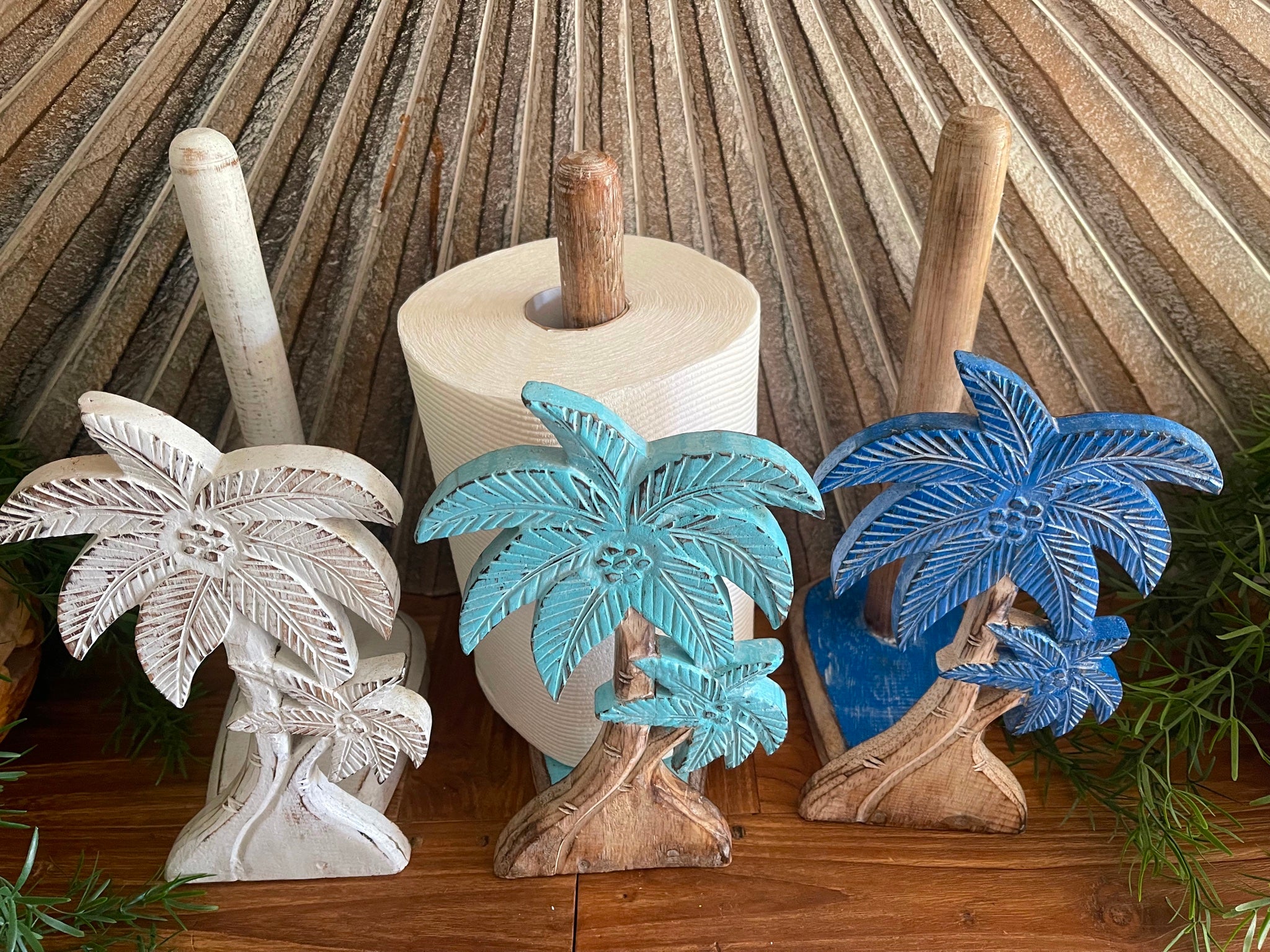 NEW Balinese Hand Crafted & Carved Palm Tree Paper Towel Holder - 3 Colours