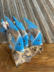 NEW Balinese Hand Carved 3 Wooden Fish on Natural Wood Sculpture - 4 Colours