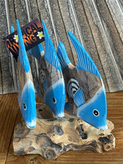 NEW Balinese Hand Carved 3 Wooden Fish on Natural Wood Sculpture - 4 Colours