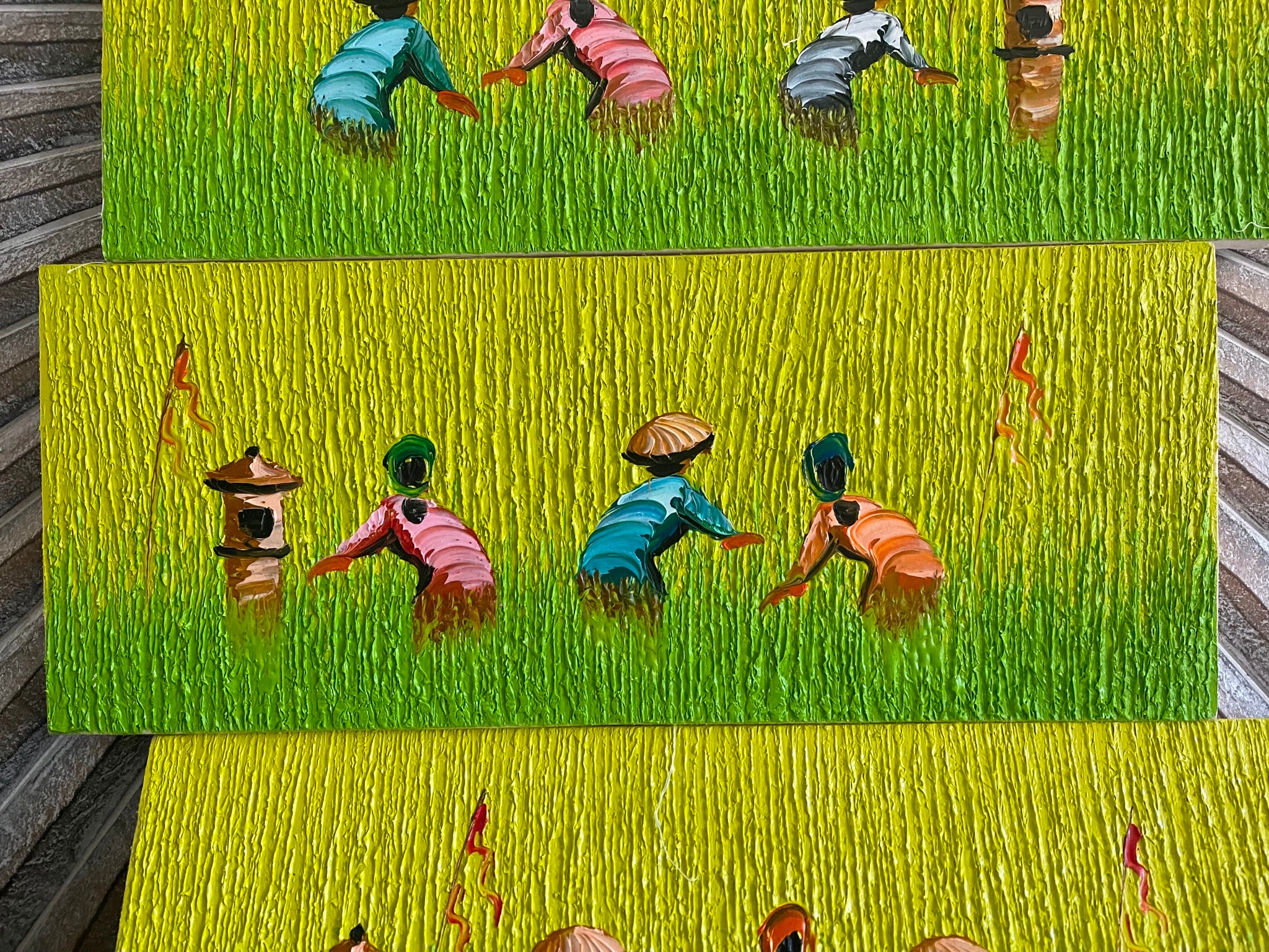 Balinese Canvas Rice Farmer Painting w/Bali Carved Frame - Bali Painting 50x20cm