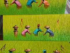 Balinese Canvas Rice Farmer Painting w/Bali Carved Frame - Bali Painting 50x20cm