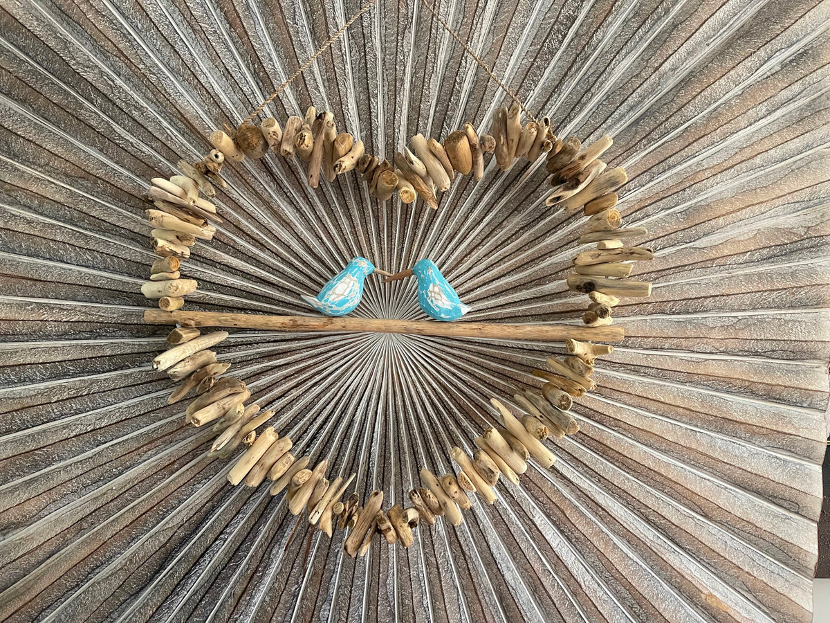 Balinese Hand Crafted Driftwood Love Birds Heart Hanger - Bali Love Birds Hanger