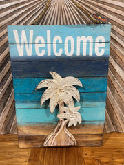 NEW Balinese Hand Crafted PALM TREE WELCOME Sign - Tropical Island WELCOME Sign