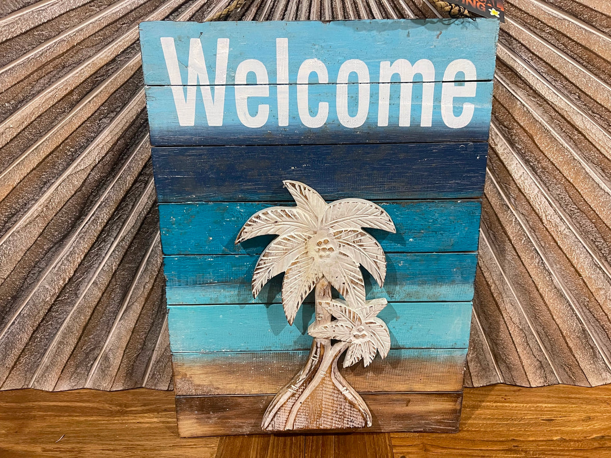 NEW Balinese Hand Crafted PALM TREE WELCOME Sign - Tropical Island WELCOME Sign