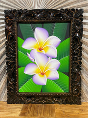 Balinese Canvas Frangipani Painting w/Bali Carved Frame - Frangipani Painting