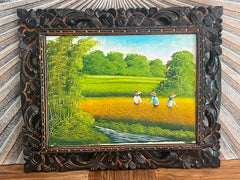 Balinese Rice Farming Canvas Painting w/Bali Carved Frame - Bali Painting