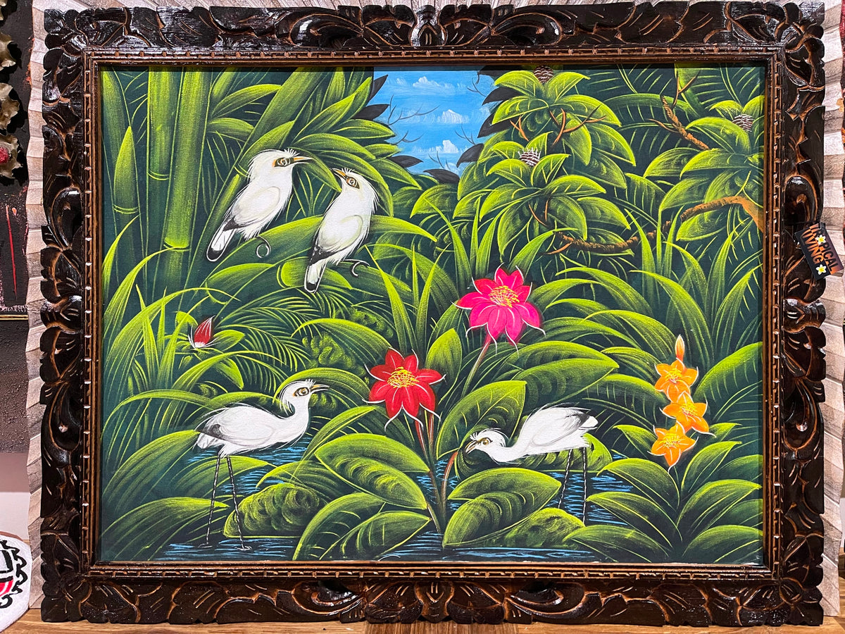 Balinese Canvas Tropical Bird Painting w/Bali Carved Frame - Bali Painting