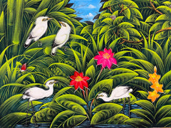 Balinese Canvas Tropical Bird Painting w/Bali Carved Frame - Bali Painting