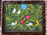 Balinese Canvas Tropical Bird Painting w/Bali Carved Frame - Bali Painting