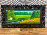 Balinese Canvas Rice Farmer Painting w/Bali Carved Frame - Bali Painting