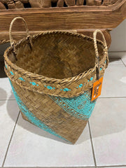 NEW Balinese Hand Woven Bamboo w/Hand Painted Mandala Trim Open Basket MEDIUM