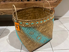 NEW Balinese Hand Woven Bamboo w/Hand Painted Mandala Trim Open Basket LARGE