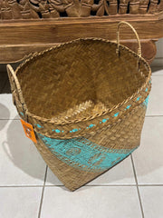 NEW Balinese Hand Woven Bamboo w/Hand Painted Mandala Trim Open Basket LARGE