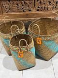 NEW Balinese Hand Woven Bamboo w/Hand Painted Mandala Trim Open Basket LARGE