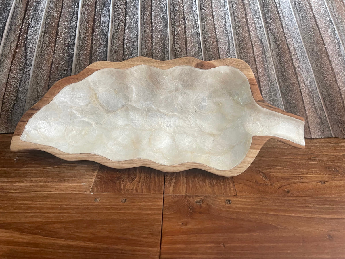 Balinese Hand Crafted Teak & Capiz Shell Leaf Shape Bowl - Bali Teak/Shell Plate