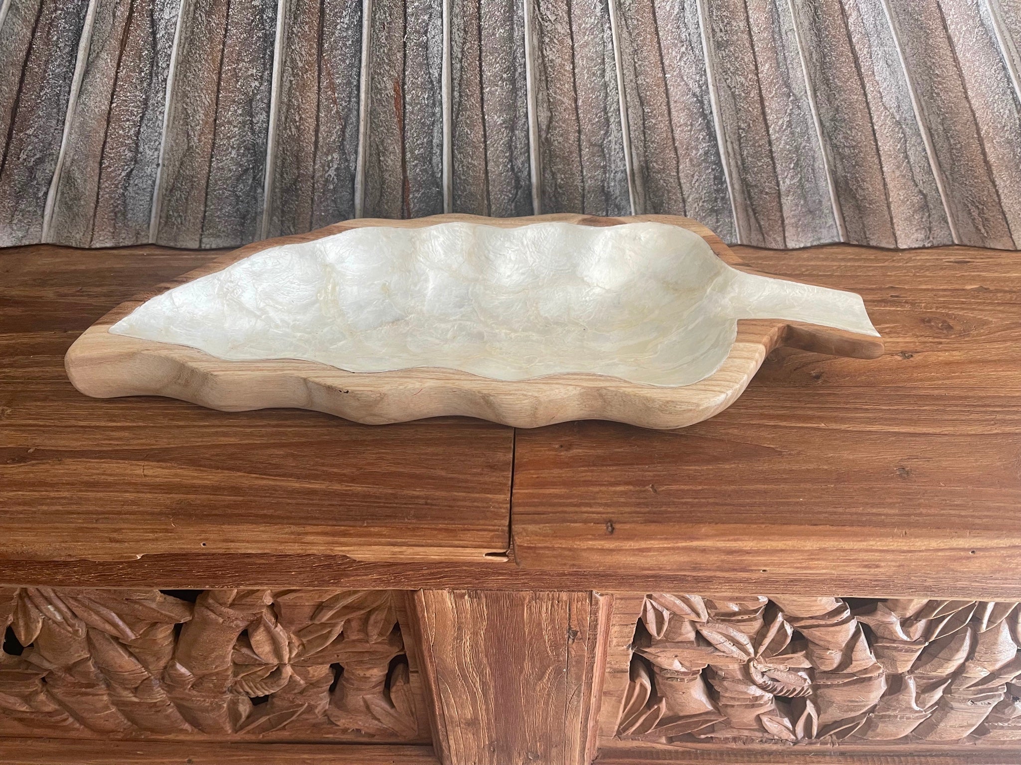 Balinese Hand Crafted Teak & Capiz Shell Leaf Shape Bowl - Bali Teak/Shell Plate