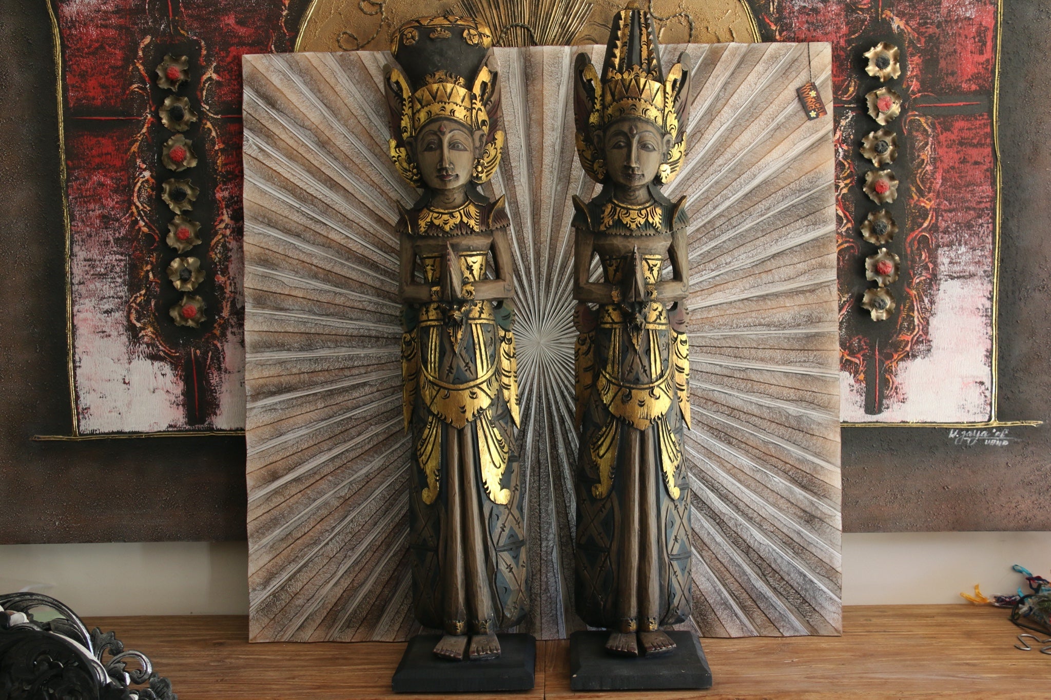 NEW Balinese Hand Carved Wooden Rama & Shinta Sculptures - Set of 2 1m tall