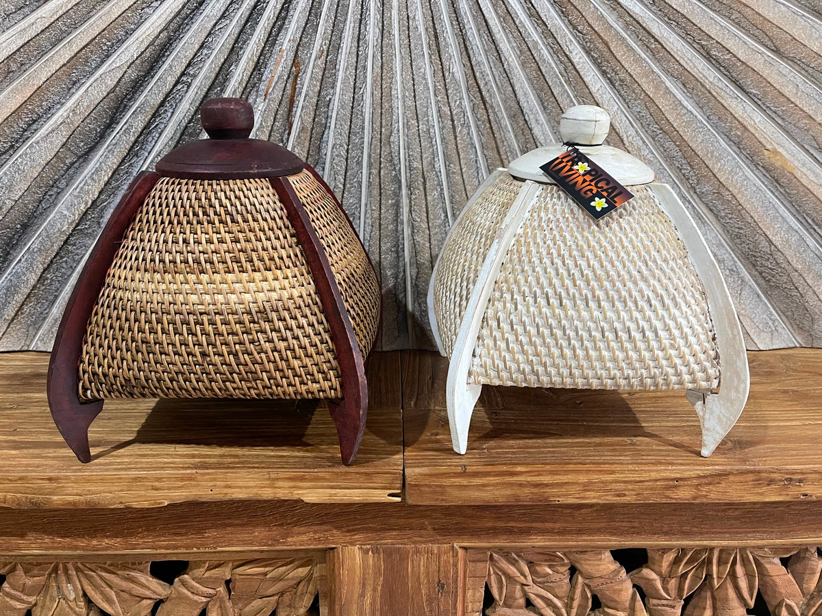 NEW Balinese Hand Woven Rattan w/wood combo Basket w/lid - Bali Basket on Stand