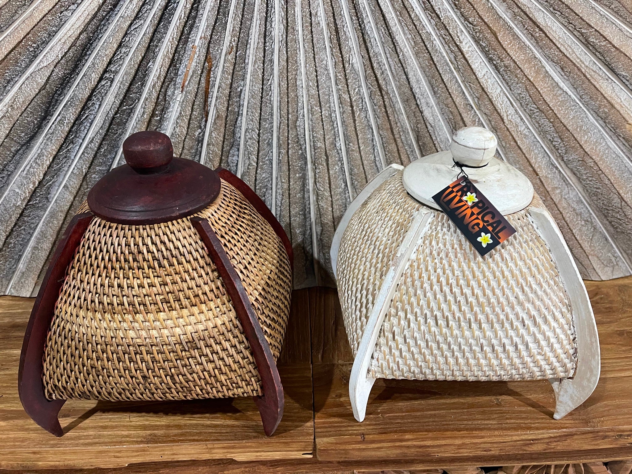 NEW Balinese Hand Woven Rattan w/wood combo Basket w/lid - Bali Basket on Stand