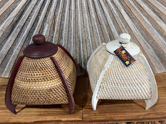 NEW Balinese Hand Woven Rattan w/wood combo Basket w/lid - Bali Basket on Stand