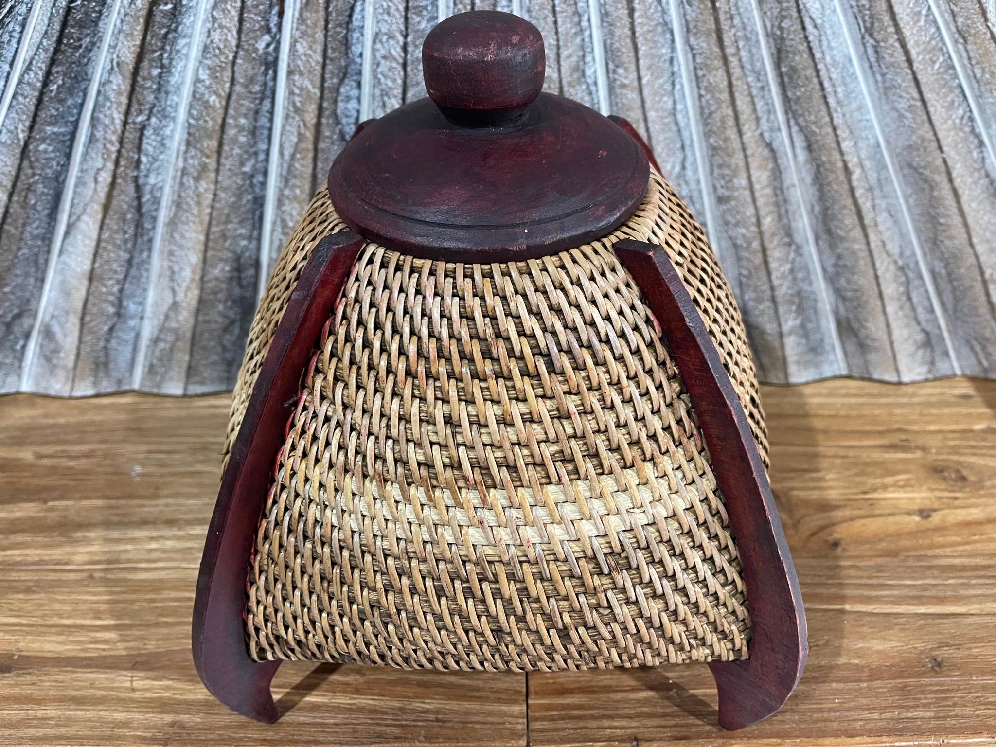 NEW Balinese Hand Woven Rattan w/wood combo Basket w/lid - Bali Basket on Stand