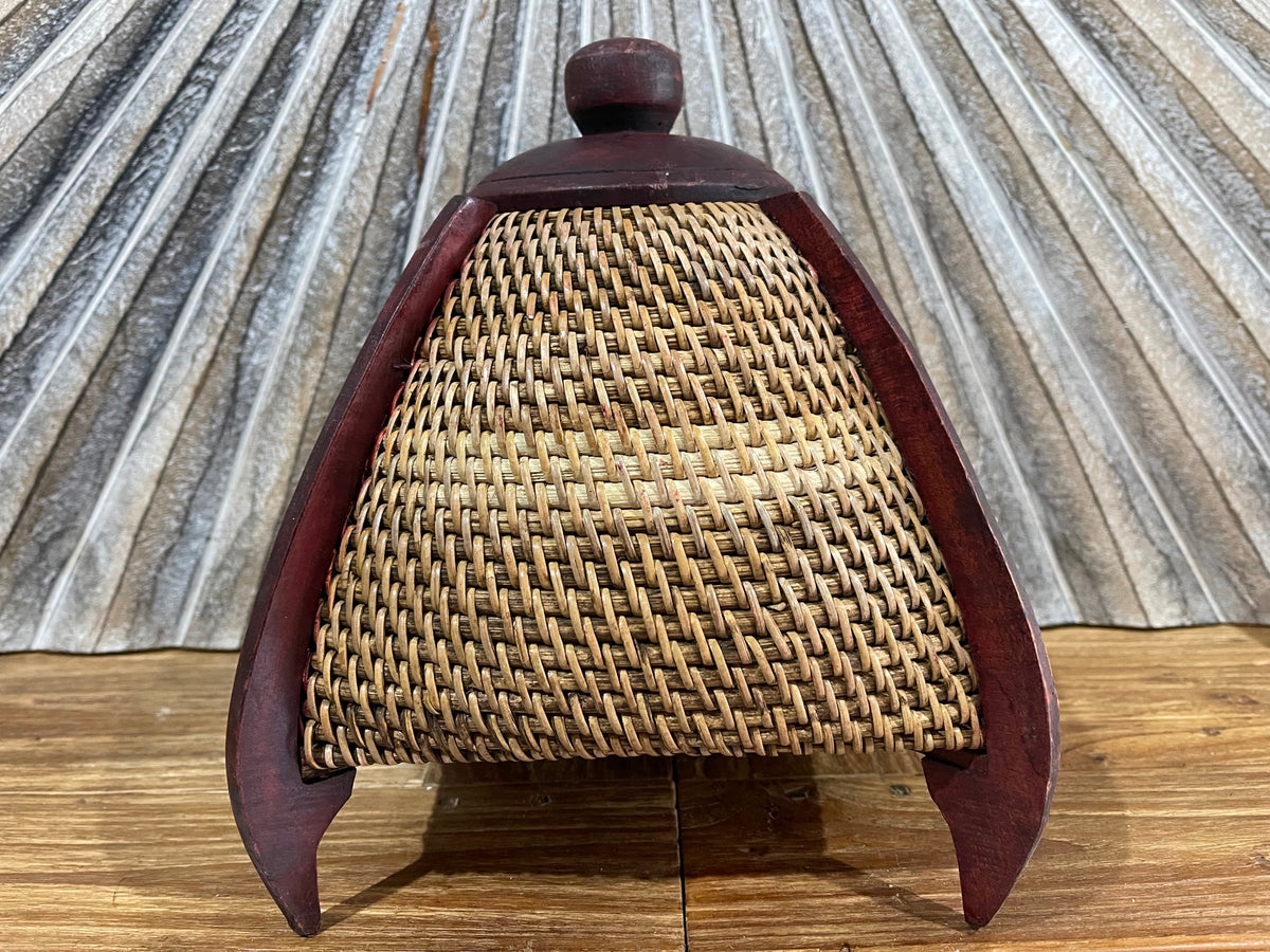 NEW Balinese Hand Woven Rattan w/wood combo Basket w/lid - Bali Basket on Stand
