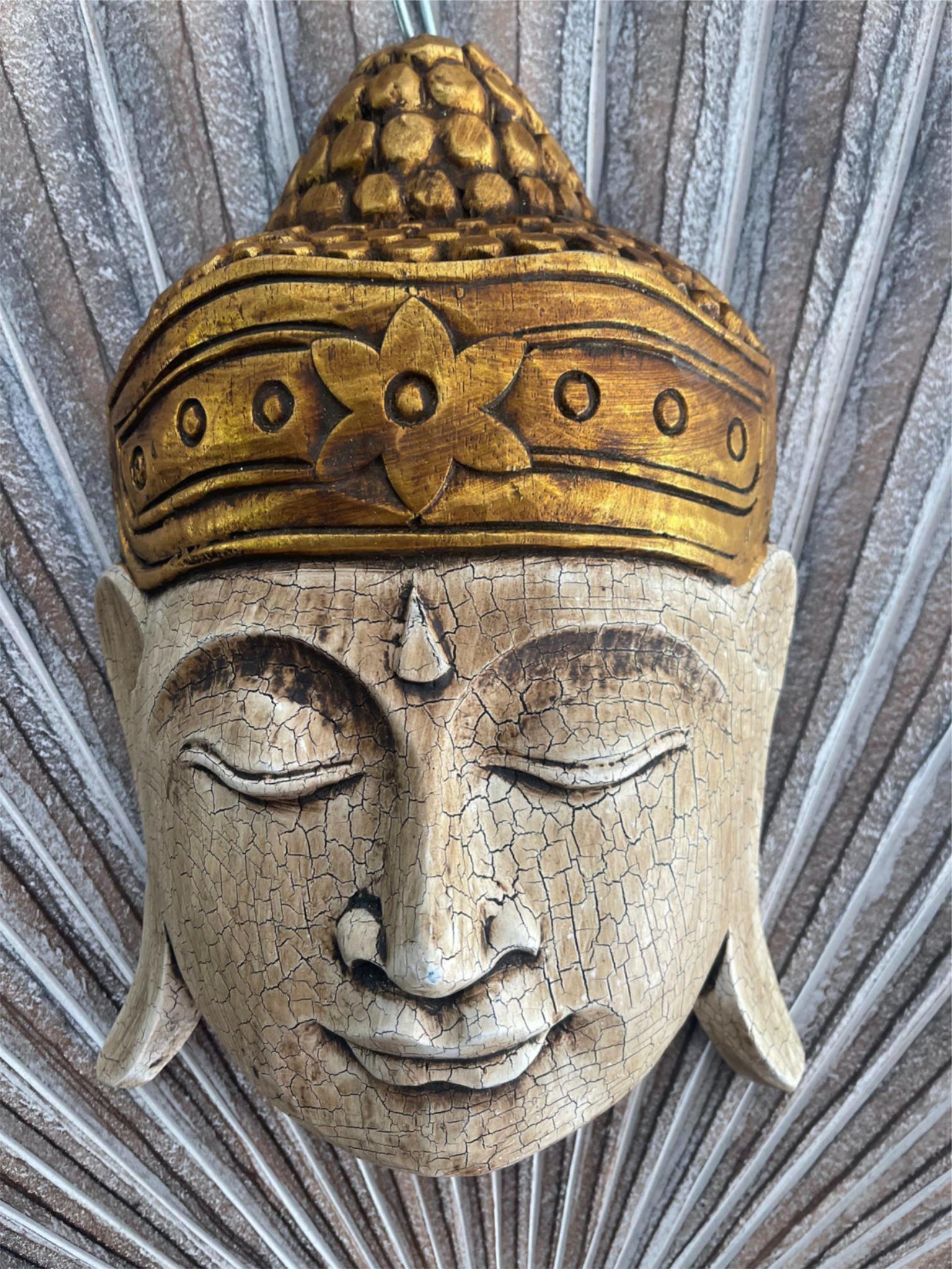 NEW Balinese Hand Carved Wooden Buddha Mask - 30cm - Bali Buddha Wall Art