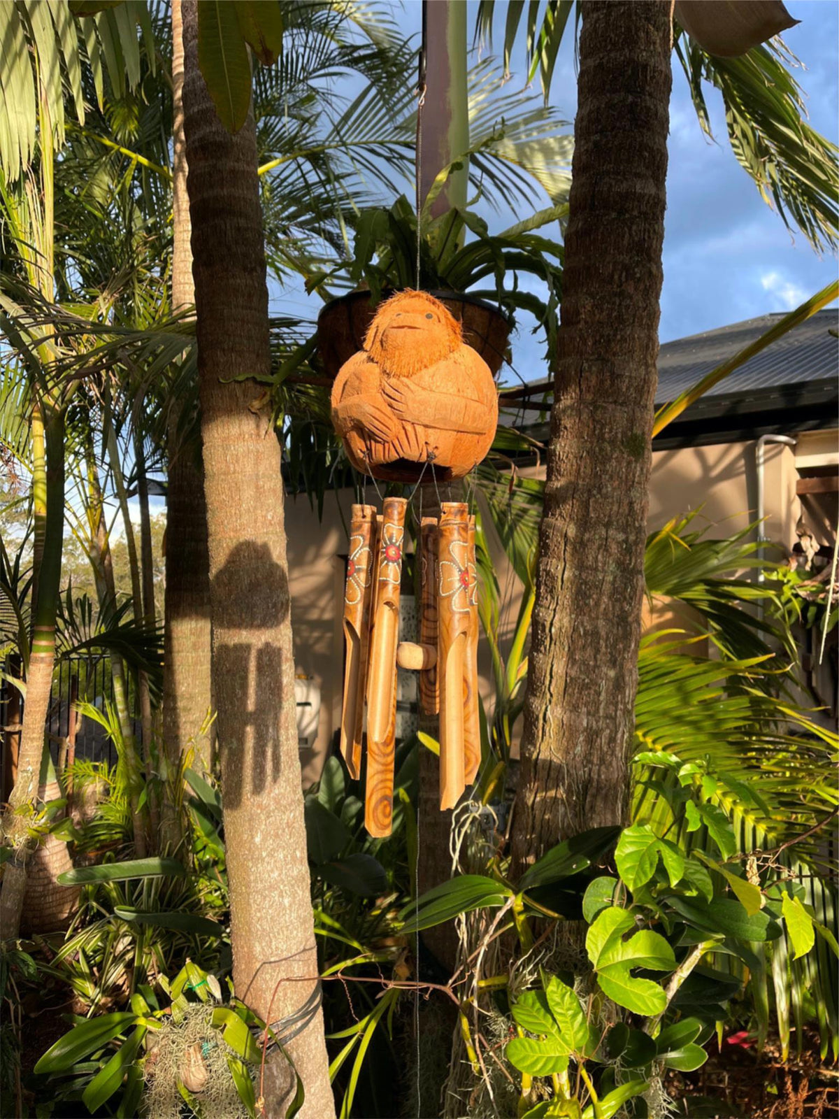 NEW Balinese Carved Coconut Monkey / Bamboo Wind Chime - Monkey Windchime