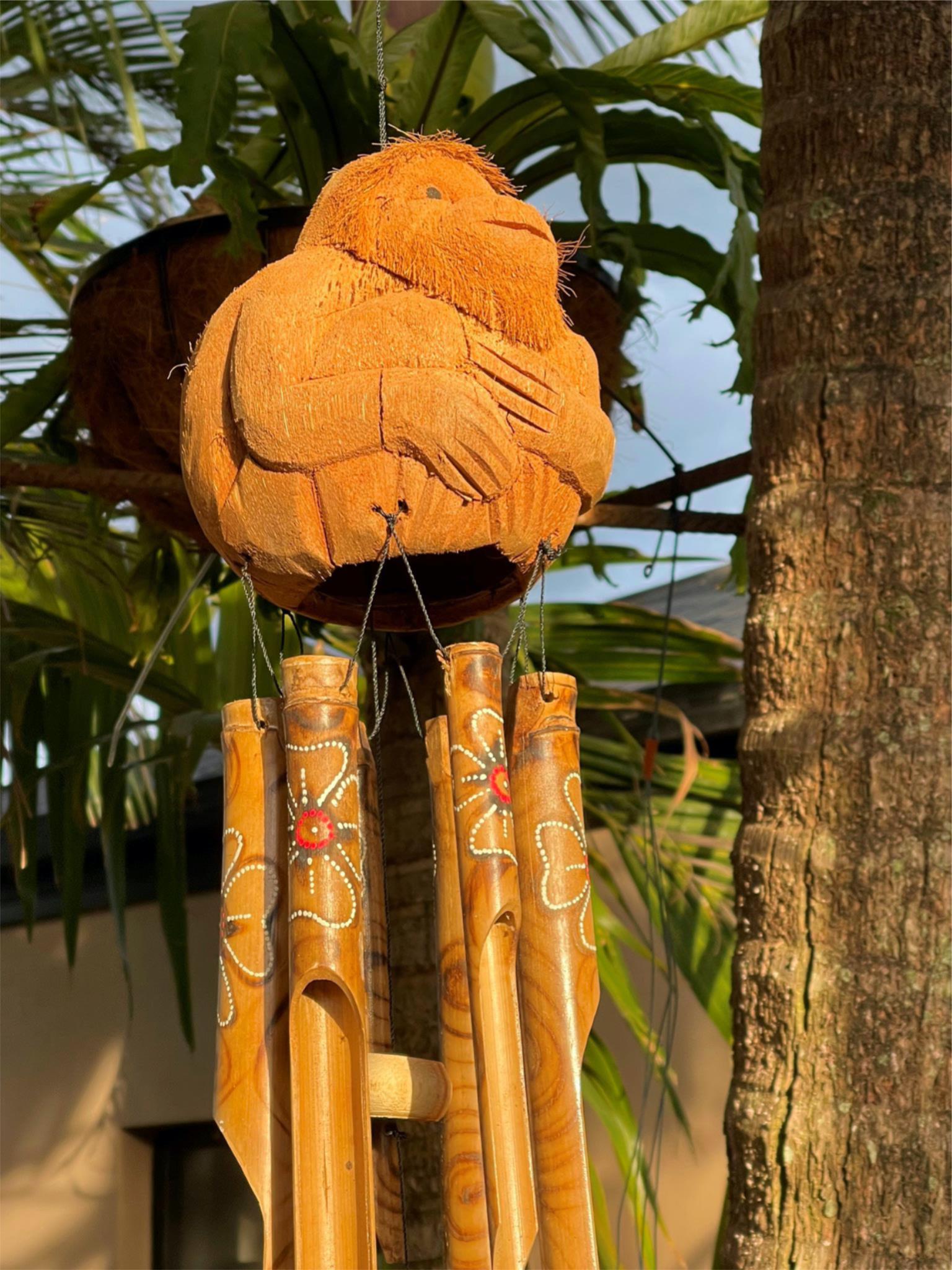 NEW Balinese Carved Coconut Monkey / Bamboo Wind Chime - Monkey Windchime