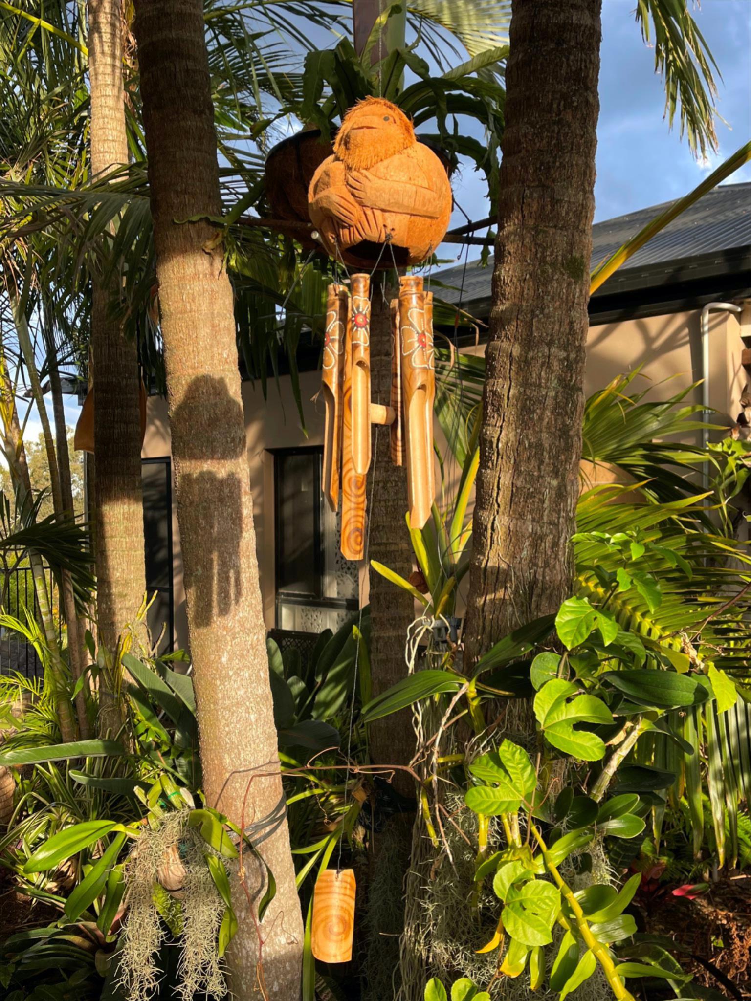 NEW Balinese Carved Coconut Monkey / Bamboo Wind Chime - Monkey Windchime