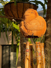 NEW Balinese Carved Coconut Monkey / Bamboo Wind Chime - Monkey Windchime