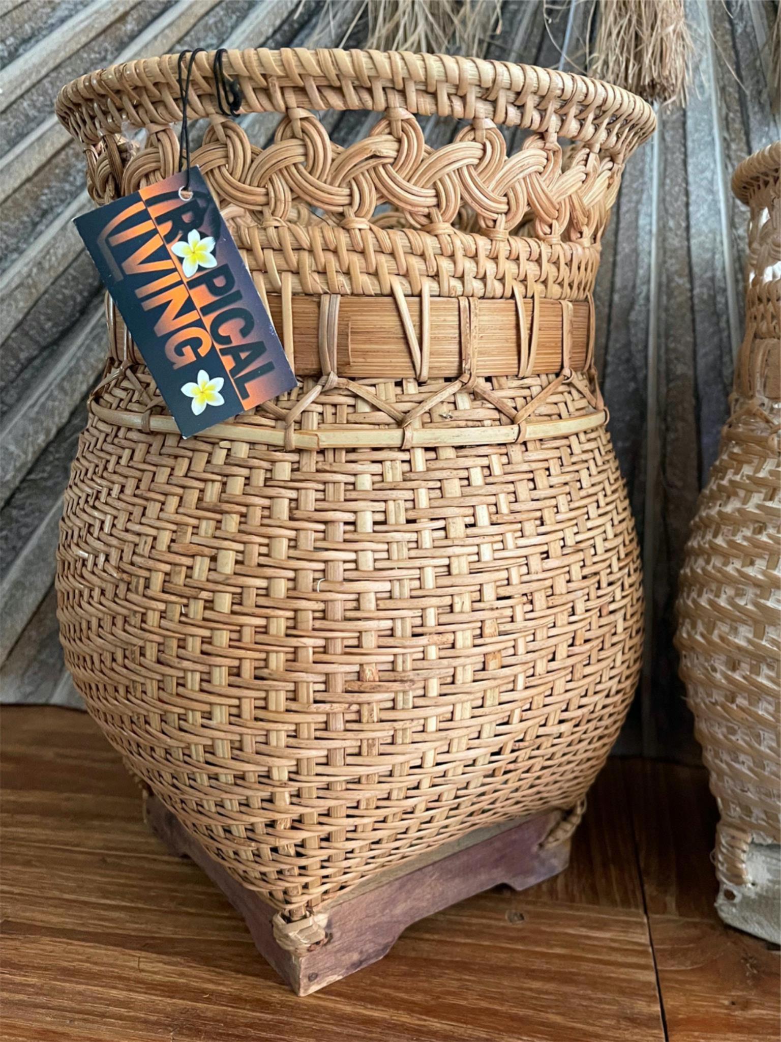 New Balinese Hand Woven BAMBOO w/RATTAN TRIM OPEN BASKET - Bali Basket Small