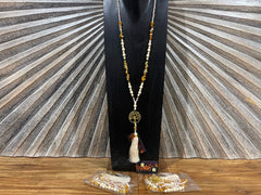 NEW Hand Crafted Balinese Bead, Stone Chip & Tree of Life Necklace w/Tassel