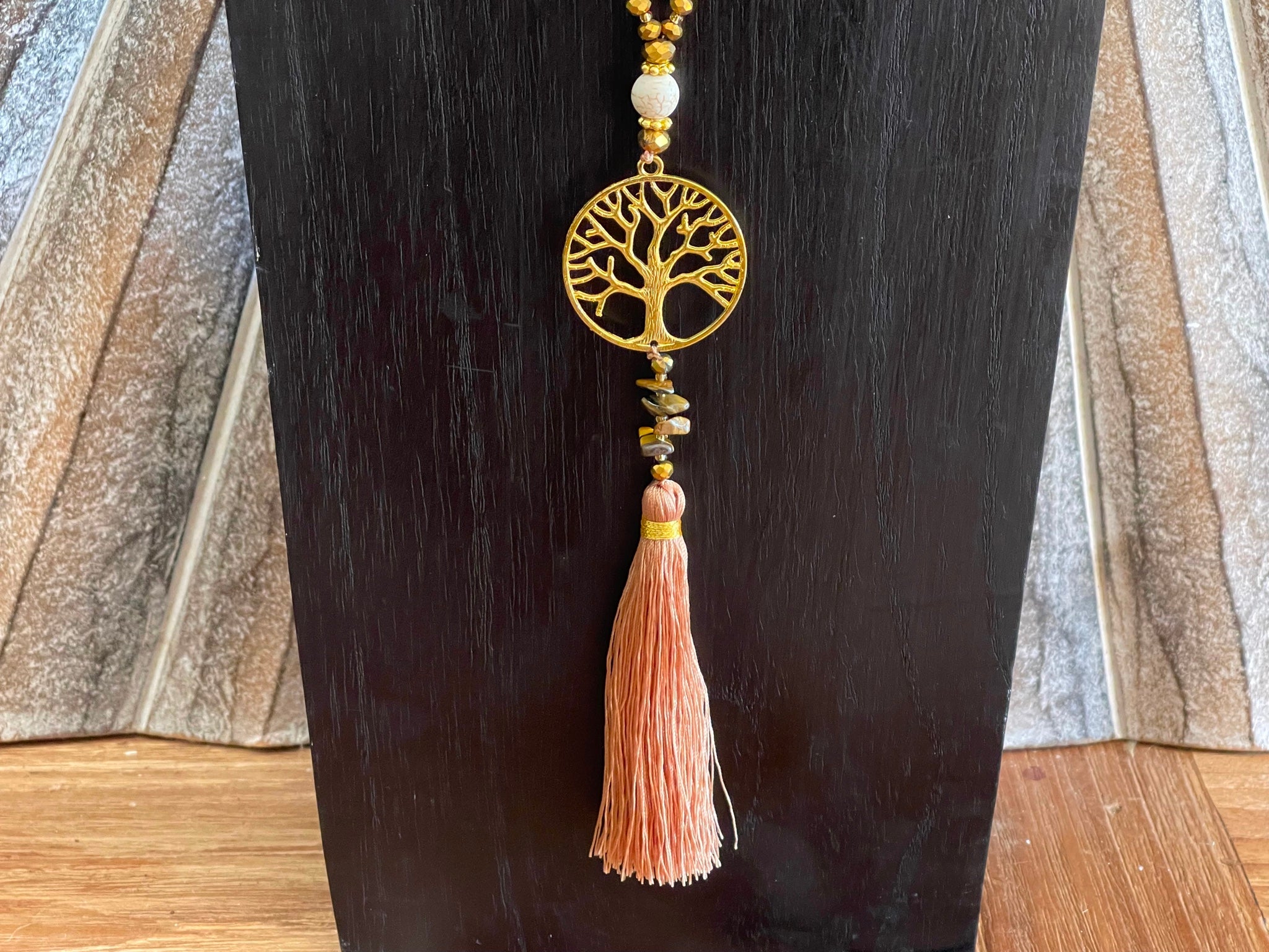 NEW Hand Crafted Balinese Bead, Stone Chip & Tree of Life Necklace w/Tassel