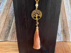 NEW Hand Crafted Balinese Bead, Stone Chip & Tree of Life Necklace w/Tassel