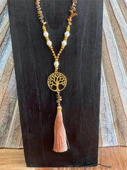 NEW Hand Crafted Balinese Bead, Stone Chip & Tree of Life Necklace w/Tassel