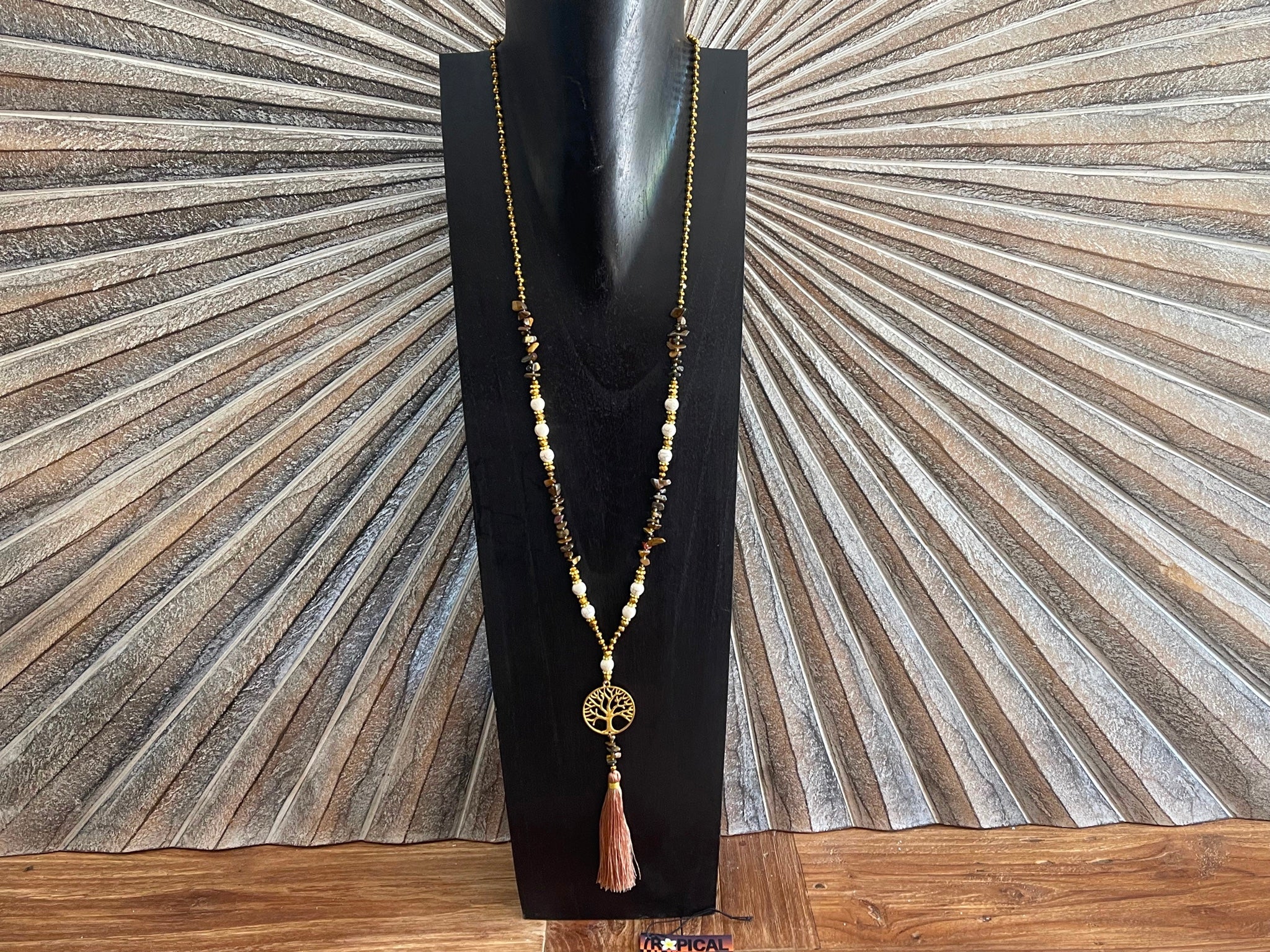 NEW Hand Crafted Balinese Bead, Stone Chip & Tree of Life Necklace w/Tassel