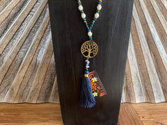 NEW Hand Crafted Balinese Bead, Stone Chip & Tree of Life Necklace w/Tassel