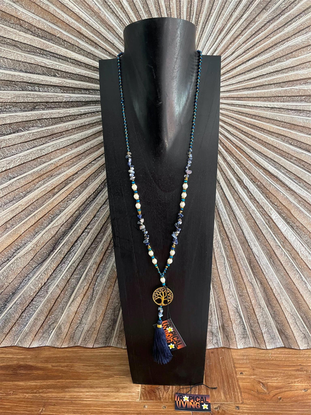 NEW Hand Crafted Balinese Bead, Stone Chip & Tree of Life Necklace w/Tassel