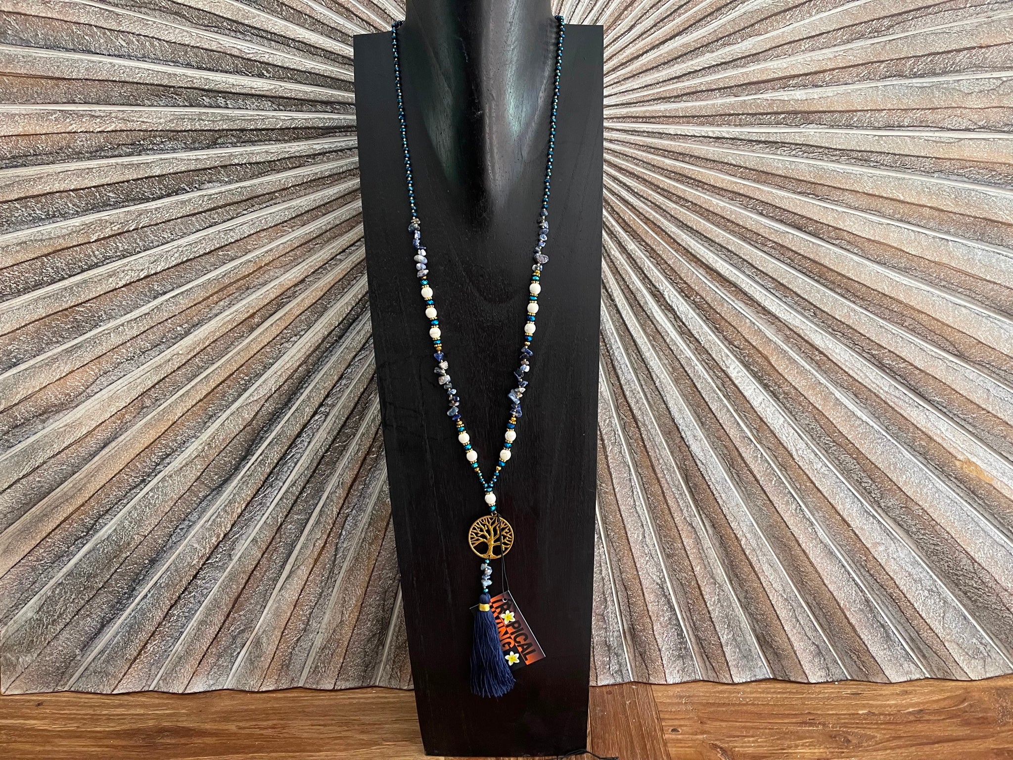 NEW Hand Crafted Balinese Bead, Stone Chip & Tree of Life Necklace w/Tassel