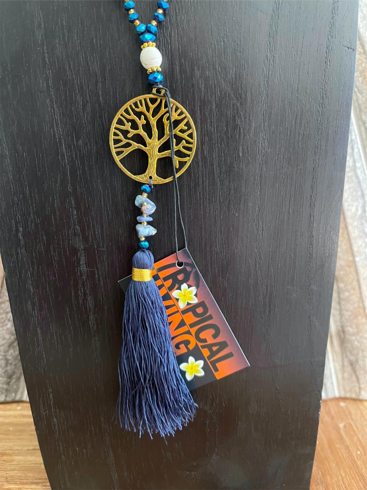 NEW Hand Crafted Balinese Bead, Stone Chip & Tree of Life Necklace w/Tassel