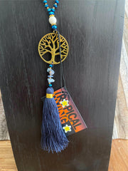 NEW Hand Crafted Balinese Bead, Stone Chip & Tree of Life Necklace w/Tassel