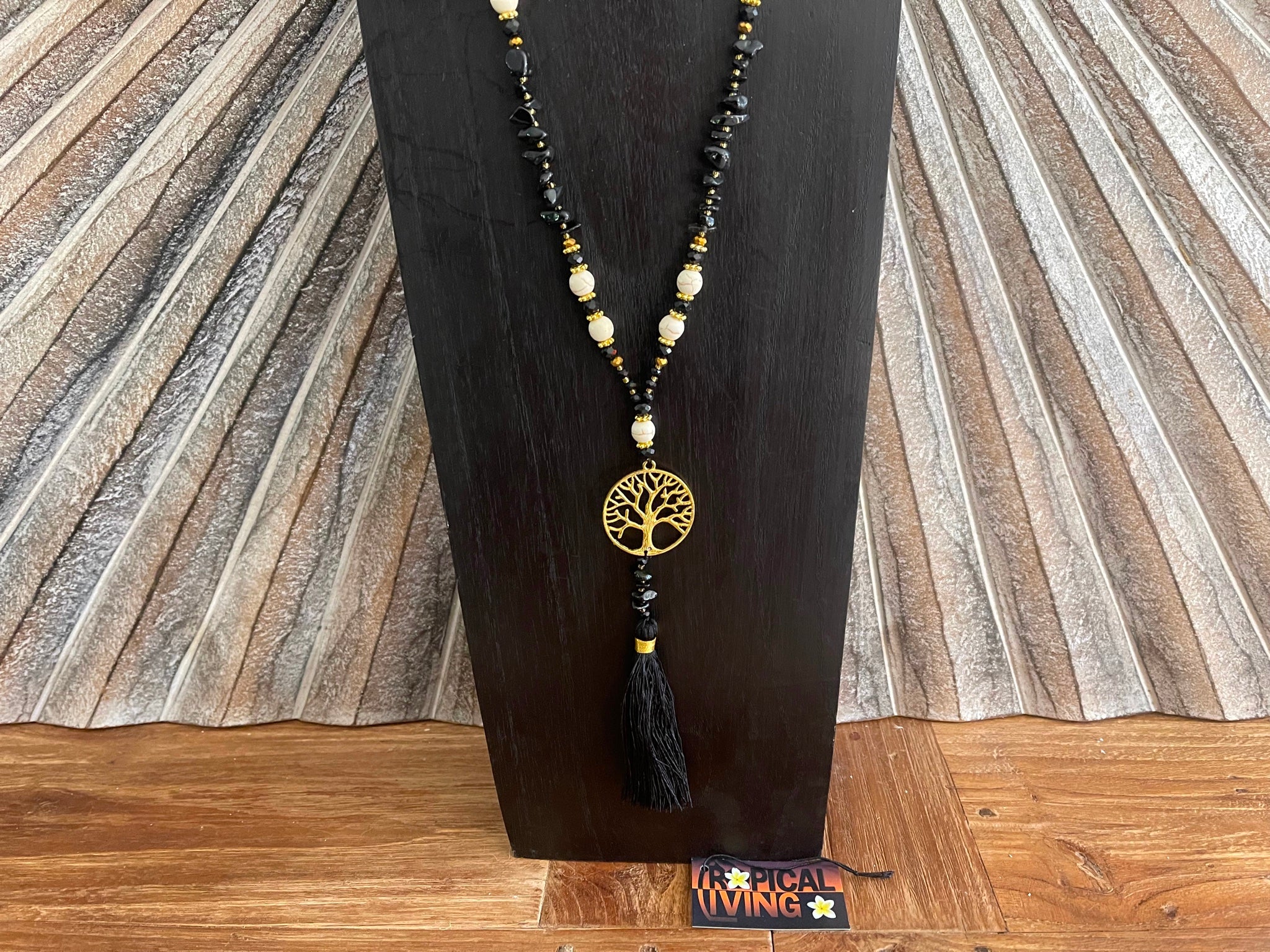 NEW Hand Crafted Balinese Bead, Turquoise Chip & Tree of Life Necklace w/Tassel