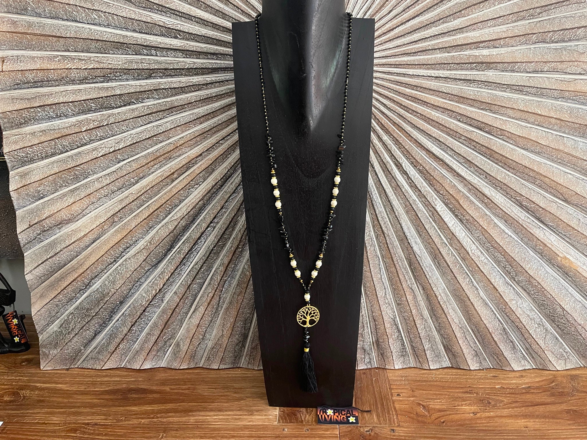 NEW Hand Crafted Balinese Bead, Turquoise Chip & Tree of Life Necklace w/Tassel