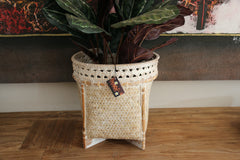 New Balinese Hand Woven BAMBOO w/RATTAN TRIM OPEN BASKET - Bali Basket